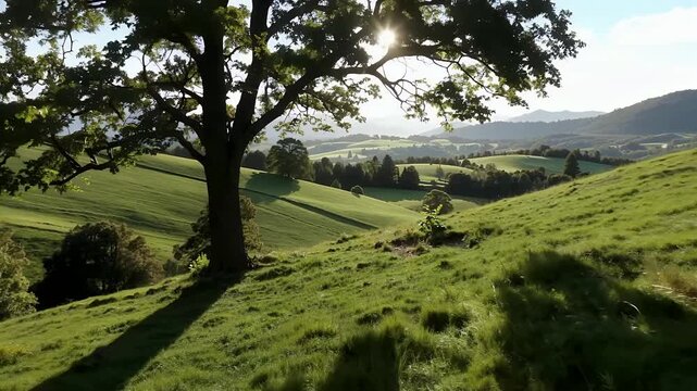 Sunlit Rolling Hills and Lone Tree Scene.