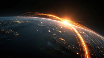 Global Sunrise: An awe-inspiring view of planet Earth from space, bathed in the radiant glow of a sunrise, showcasing interconnected networks. 