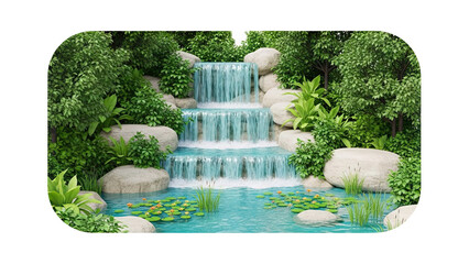 Serene multi-tiered waterfall with lush greenery and water lilies