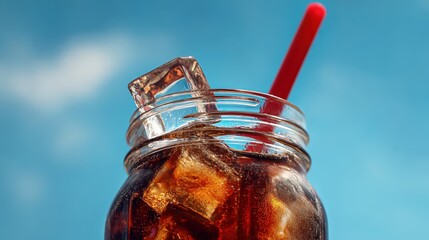 Refreshing drink in a Glass: A cold drink in a glass with ice and a red straw, a cool refreshing beverage on a sunny day.