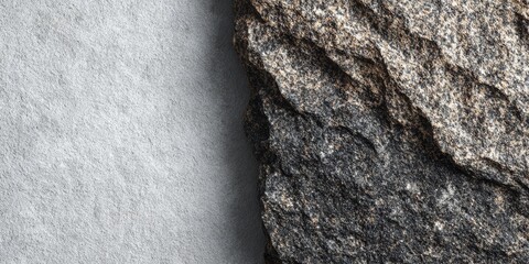 Detailed close-up of rough, textured granite rock surface next to smooth gray concrete, showcasing contrasting textures and earthy tones in a minimalist artistic style, creating a natural, r