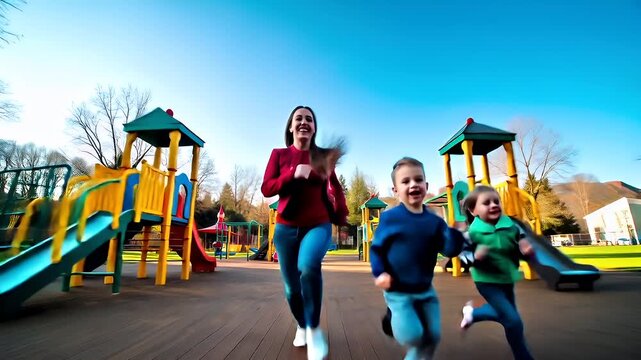 A dynamic, actionpacked scene of children playing at a park playground. The main subject is a woman and a child, both captured in midaction.