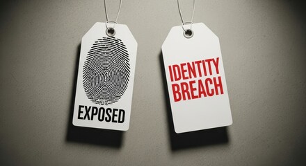 Two white tags showing exposed identity breach with fingerprint and text