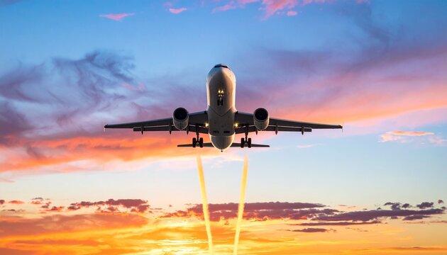 노을 진 하늘로 날아오르는 여객기 Commercial airplane ascending into a colorful sunset sky - Powered by Adobe