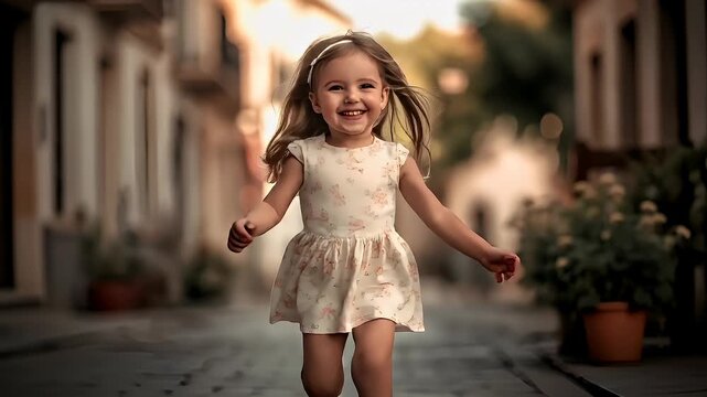A portrait of a young girl in a white dress with pink floral patterns, captured in a candid moment. She stands confidently on a cobblestone street, with the sun casting a warm.