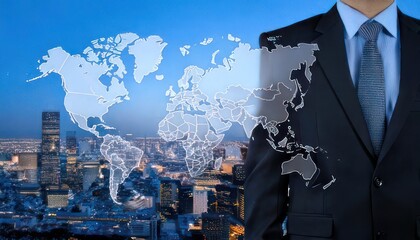 Global Business Expansion - Businessman with World Map Overlay on Cityscape.