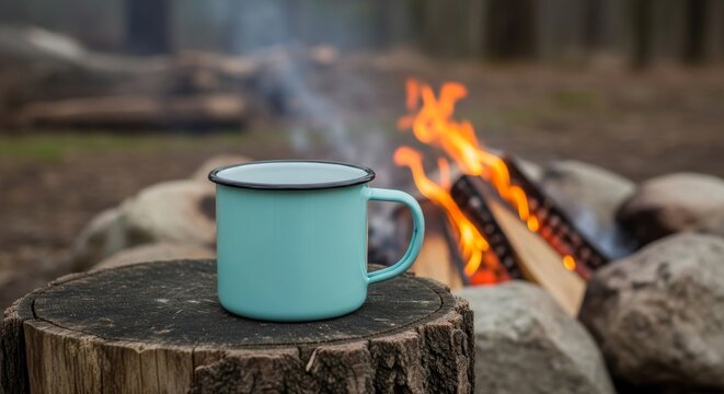 A teal enamel mug rests on a tree stump by a crackling campfire, evoking warmth and outdoor comfort