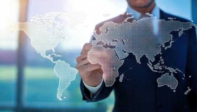 Global Business Strategy - Businessman Touching World Map on Glass. - Powered by Adobe
