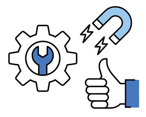 Obraz premium A hand with a thumbs up and a magnet attracting a gear with a wrench inside