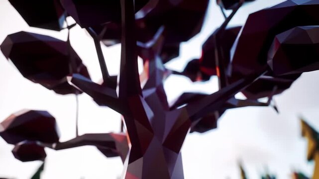Low poly tree with geometric shapes against a blurred background, creating a stylized and modern aesthetic.