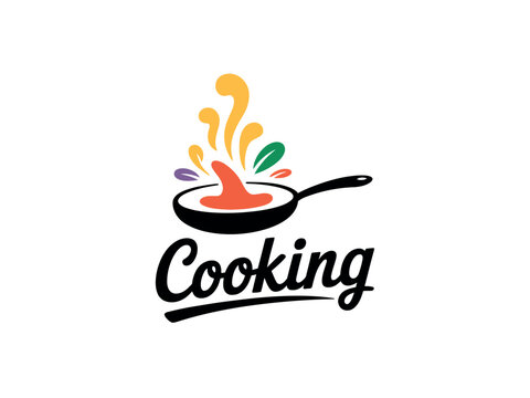 A colorful logo featuring a frying pan with food splashing out, symbolizing cooking.
