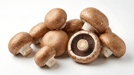 A close up view of several brown button mushrooms arranged together with one cut in half showcasing its gills and stem