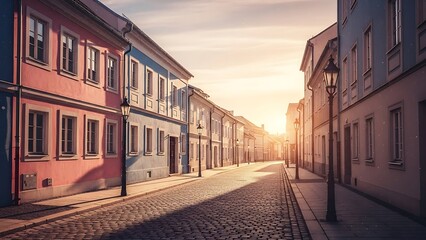 A picturesque street scene featuring colorful buildings and cobblestone paving under a bright sky.