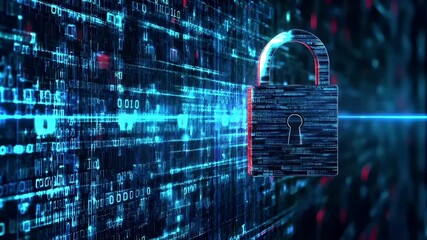 Firewall protection. Internet cyber security. Hightech. Technology. Encryption and decryption. A cyberpunkinspired digital artwork featuring a glowing padlock on a digital matrix background. - Powered by Adobe