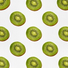 Fototapeta premium Seamless digital watercolor pattern of fresh kiwi slices. Perfect for textile, packaging, bakery, fruit, and design projects. 