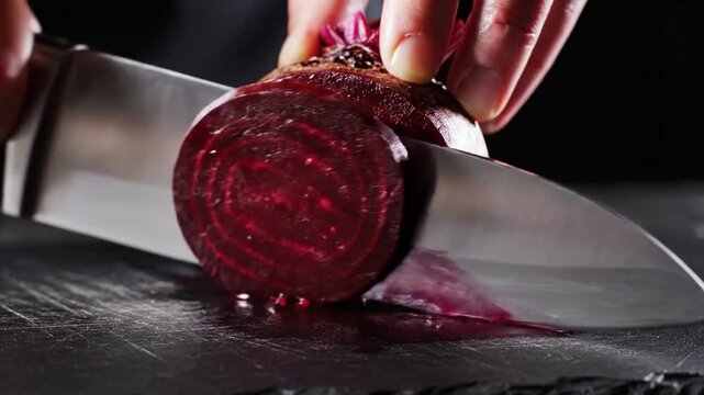 Slicing Fresh Beets Close Up For Healthy Eating And Culinary Preparations