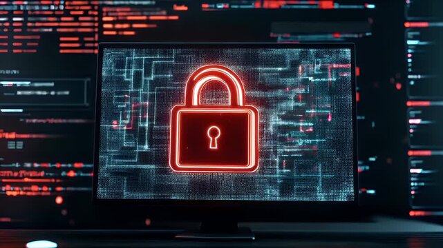 Firewall protection. Internet cyber security. Hightech. Technology. Encryption and decryption. A computer monitor displaying a cyberpunkinspired lock icon on a digital screen.