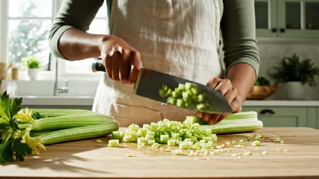 Slicing Fresh Celery Stalks On Wooden Board In Kitchen For Healthy Meal Preparation