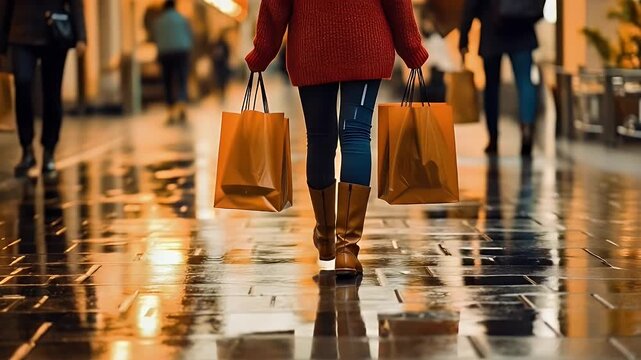 A woman enjoys a shopping spree on a wet city sidewalk, reflecting the vibrant urban lifestyle.