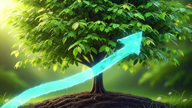 Green tree growing on fertile soil with a glowing arrow pointing upwards, symbolizing growth.