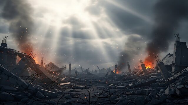 Devastated city landscape after a major conflict, with smoke, fires, and dramatic light rays piercing through dark clouds.