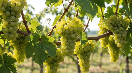 A close up view showcases lush green grape bunches hanging from the vine illuminated by sunlight in a vineyard setting demonstrating a fruitful