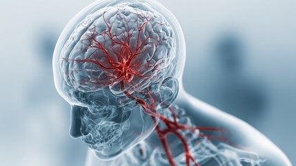 Medical illustration of brain stroke with the affected area highlighted in red colour. Neural connections in human brain. Healthcare and therapy concept