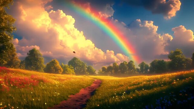 A vivid, digitally rendered landscape featuring a meadow with a variety of flowers and a dirt path leading through it.