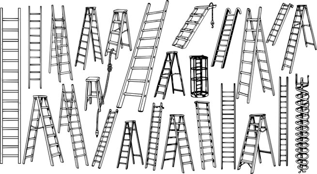 Black and White Line Art of Various Ladders and Step Stool, Construction and DIY Objects