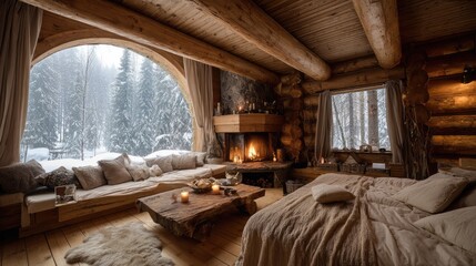Cozy warm log cabin with fireplace and big bed. Lodge home interior of a luxury country chalet with a huge panoramic window overlooking winter pine tree forest covered with snow