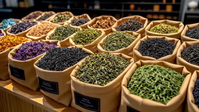 Tea industry. Tea leaves. Plantation. Culture. A closeup of a variety of dried herbs and spices displayed in sacks on a wooden surface. The spices and herbs are vibrant in color.