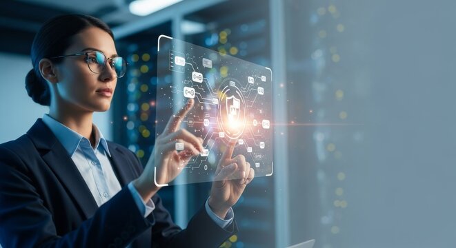 Cybersecurity expert touching digital protection shield in dark data center. - Powered by Adobe