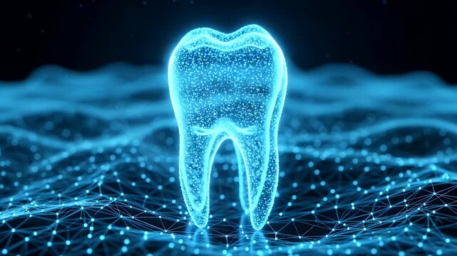 Glowing blue tooth model with network connections, symbolizing advanced dental technology and digital health innovation.