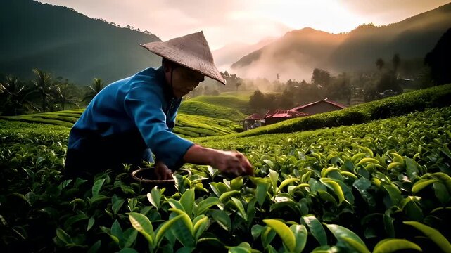 Tea industry. Tea leaves. Plantation. Culture. A woman in traditional attire and conical hat is tending to tea plants in a lush green tea plantation. The sun casts a warm, golden hue over the scene.