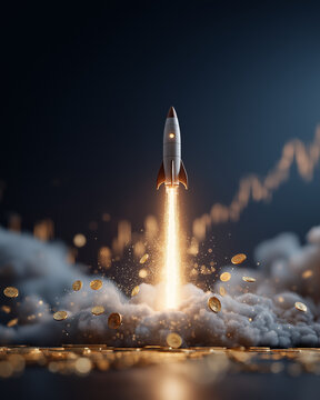 Ascension to Wealth: A rocket surges skyward, leaving a trail of shimmering flames and scattering coins amidst swirling clouds, symbolizing financial growth.