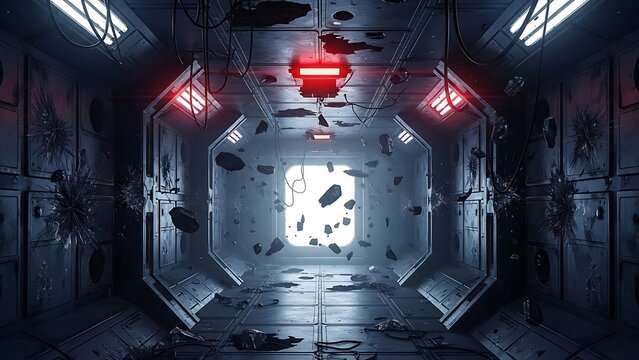 Damaged futuristic spaceship corridor with floating debris and a red warning light.