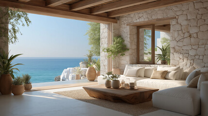 Coastal Haven: A luxurious patio overlooking the vast expanse of the ocean. Sunlight streams through the open doorway, illuminating a comfortable seating area.