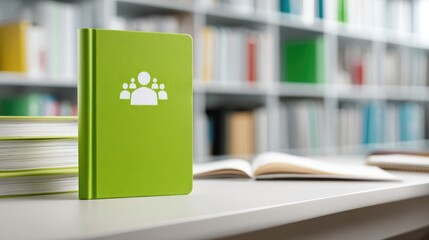 Green book with businessmen icon in hard cover on desk in office with shelves and books on background. Teamwork training concept