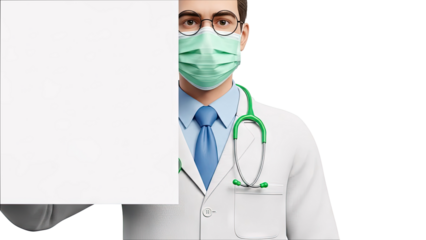 Doctor wearing a mask and holding a blank sign