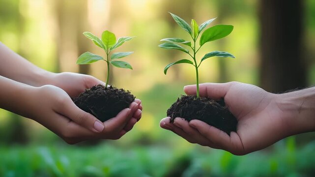 A closeup image of two hands holding young plants. The background is a blurred green forest, suggesting a natural setting. The hands are positioned in a way that they cradling the plants.