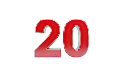 3D Red Number 20 on transparent background