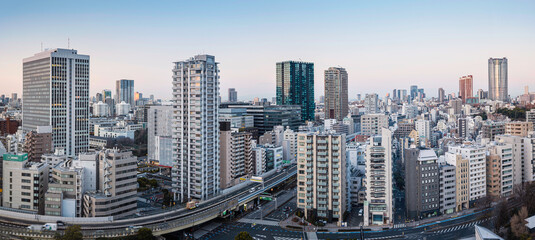 Fototapeta premium Tokyo city skyline with skyscrapers and modern office and apartment buildings in Japan.