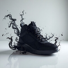 Striking black high-top sneaker emerging from dynamic dark liquid splashes on a clean white surface
