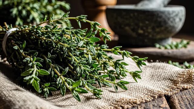 Fresh Herb Bouquet Displayed On A Rustic Wooden Table With Mortar and Pestle