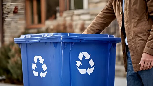 Recycling. Environment conservation. Waste management. blue recycling bin with white recycling symbolsperson holding brown paper bag in front of blue trash can.