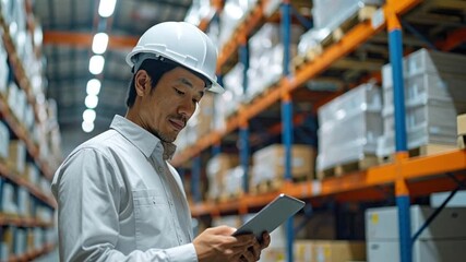 Warehouse manager using tablet for inventory control and logistics - Powered by Adobe