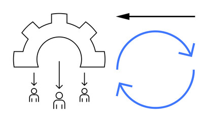 Workflow concept. Workflow illustrated through a gear system funneling to individuals and a circular arrow showing process automation. Workflow for business, efficiency, teamwork, operations