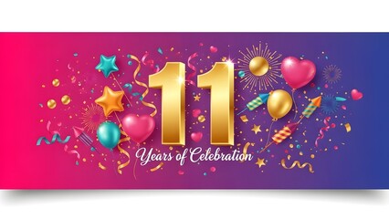 Vibrant digital illustration for an 11th milestone celebration, featuring 3D golden "11" text, elegant "Years of Celebration" script