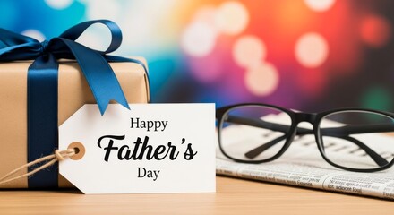 A Father's Day Greeting Card With a Wrapped Gift and Glasses in Focus, Celebrating Dad