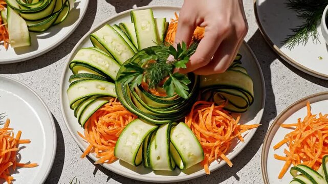 Vegetable Art: Handcrafted Zucchini And Carrot Plating With Dill Garnish Preparation Process